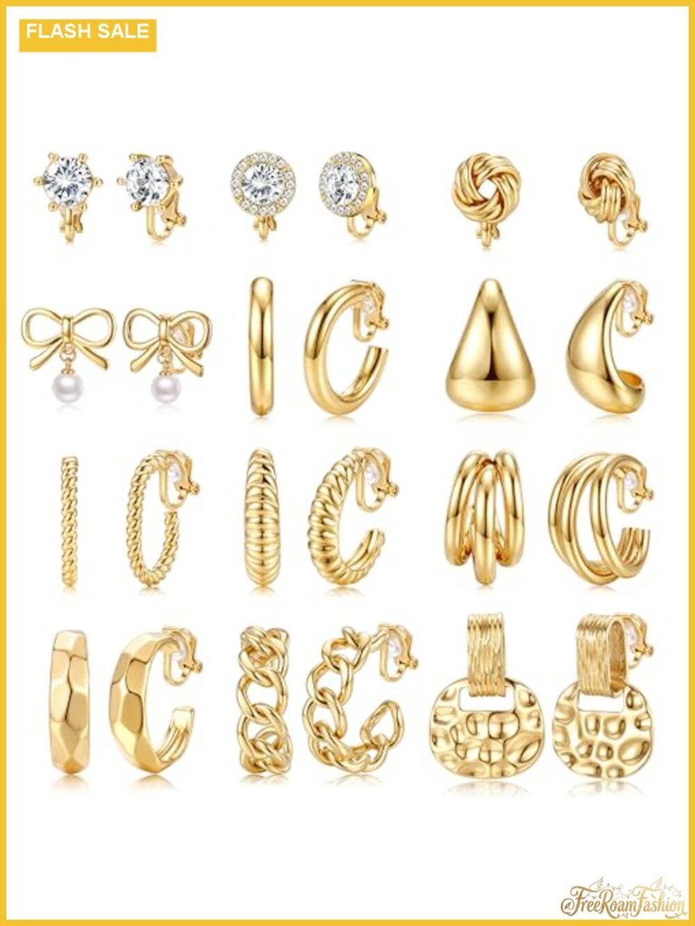 16K Gold Plated Clip On Earrings Set - 10/11/12 Pairs, Studs & Hoops
